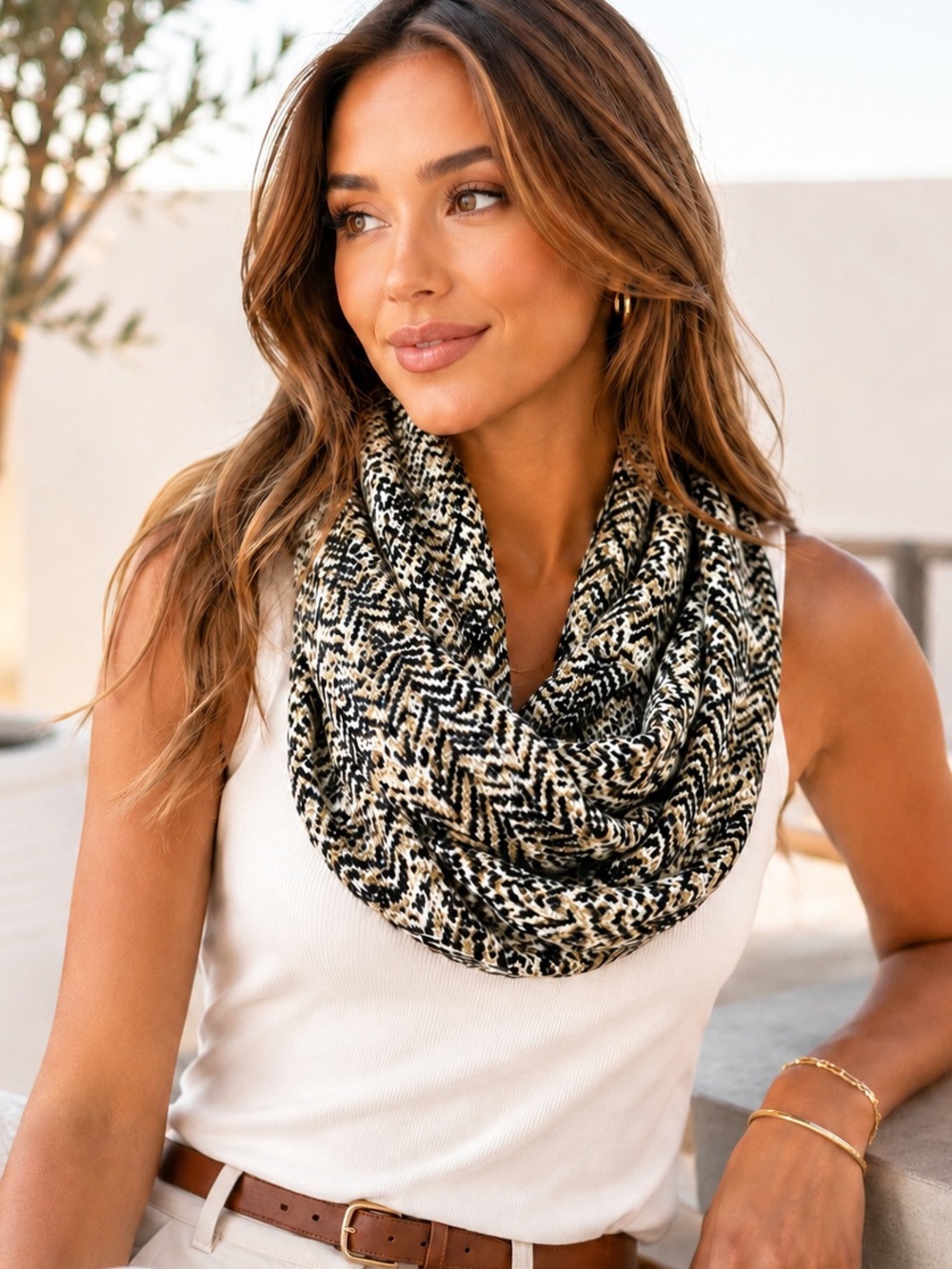 Michael Kors Patterned Infinity Scarf | Neutral Lightweight Circle Scarf